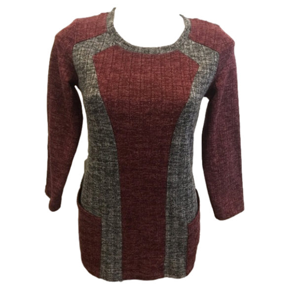 Studio Burgandy Gray Tunic Crewneck Long Sleeve Sweater Top - Picture 1 of 10